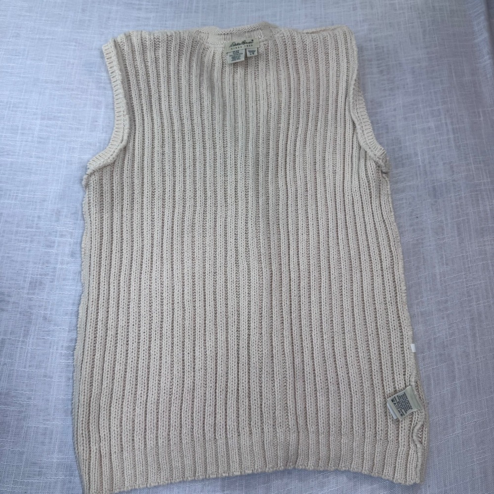 VTG Eddie Bauer Cable Knit Cardigan Vest Women L Cream Fisherman Preppy Coastal - Picture 14 of 15